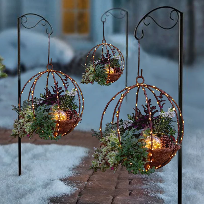 Artificial Christmas Hanging Basket Flocked with Mixed Decorations and LED Lights Hanging Ornament Xmas Home Decor In Stock