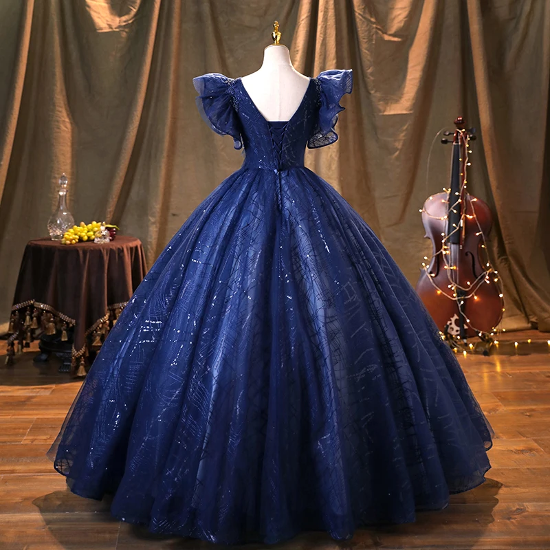 AnXin SH vintage azul marino flor encaje o cuello rebordear cristal princesa volantes manga corta vestido de baile vestido de noche personalizado