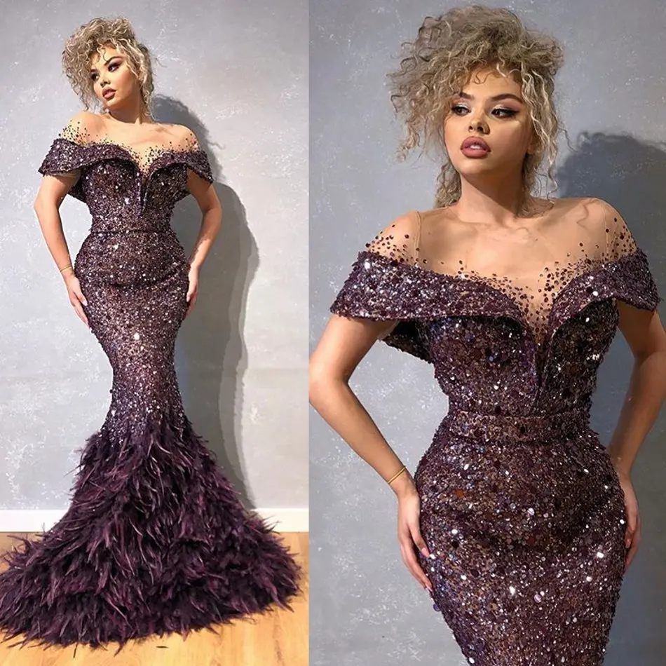 Luxury Feather Mermaid Prom Gowns Bling Bling Beaded Sequins Off Shoulder Cloth Party Dresses Mermaid Evening Dresses