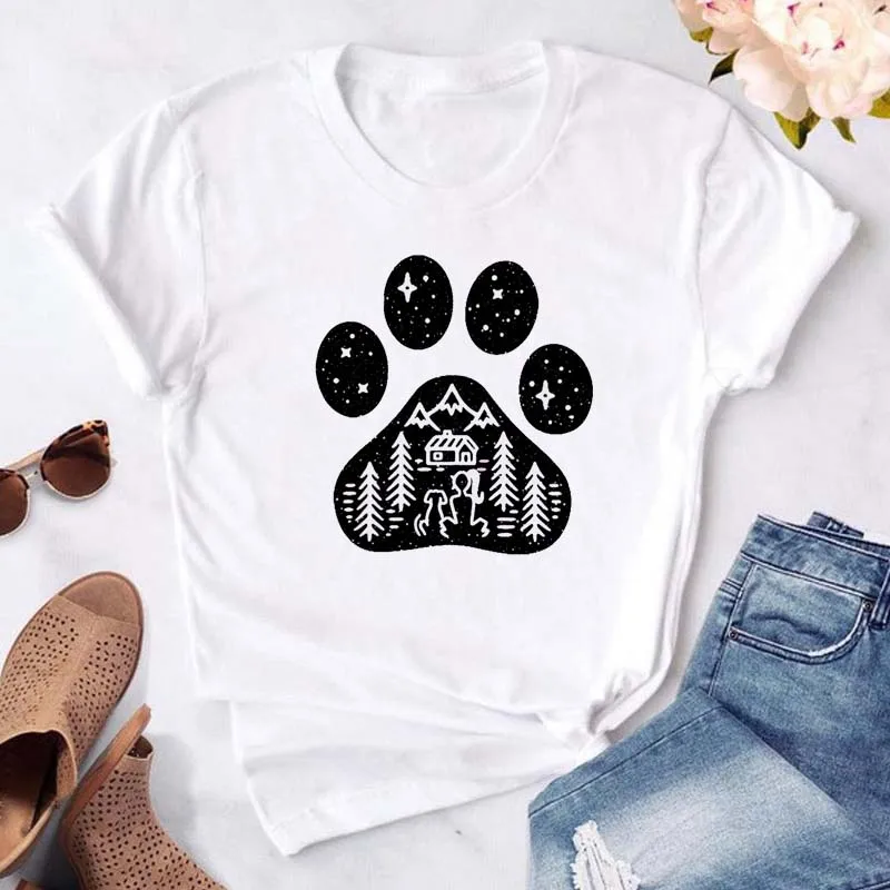 Maycaur New Love Heart Dogs Paws Print T Shirt Women Cartoon T-shirt Funny Black T-shirt Summer Fashion O-neck Aesthetic Tshirts