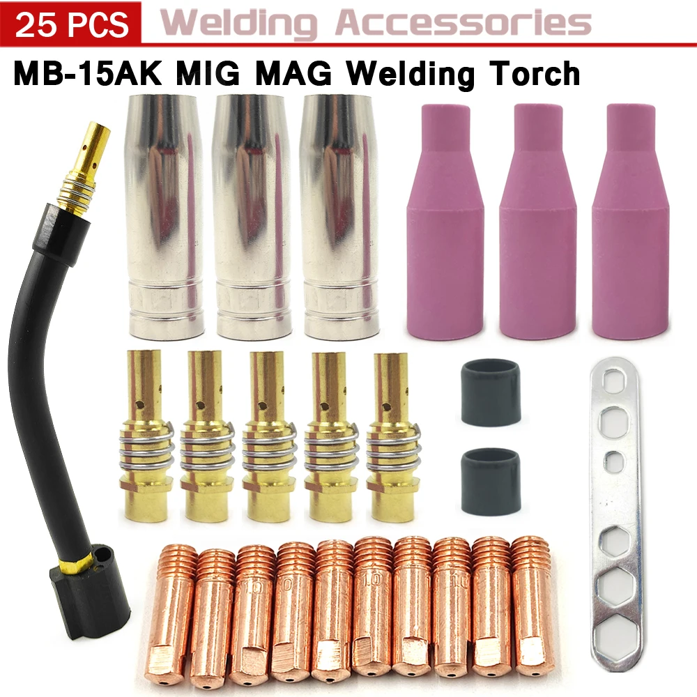 25pcs Welding Torch Nozzle Part Kit Ceramic Nozzle Goose Neck Bend Contact Tips for Binzel 15AK MIG MAG Device Welding Machine