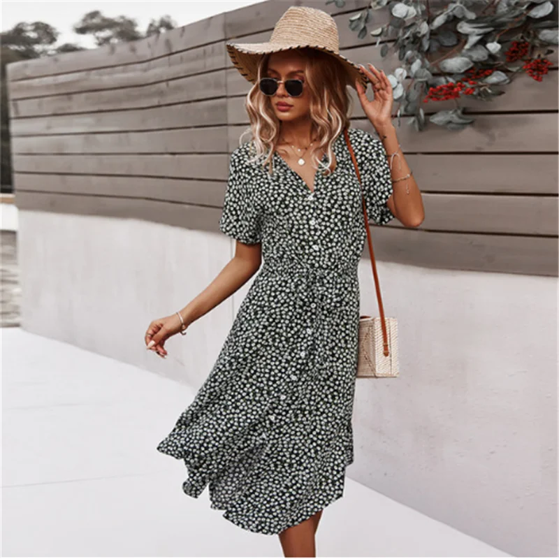 2021 Spring New Bandage Dress Women Casual Short Sleeve Button Floral Print Dress For Woman Summer Holiday Style Dress