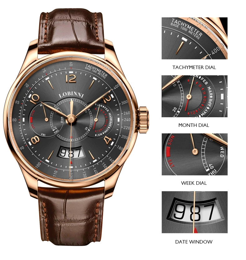 luxury brand mens automatic watches,men wrist watch LOBINNI Switzerland man mechanical wristwatch waterproof clock reloj hombre