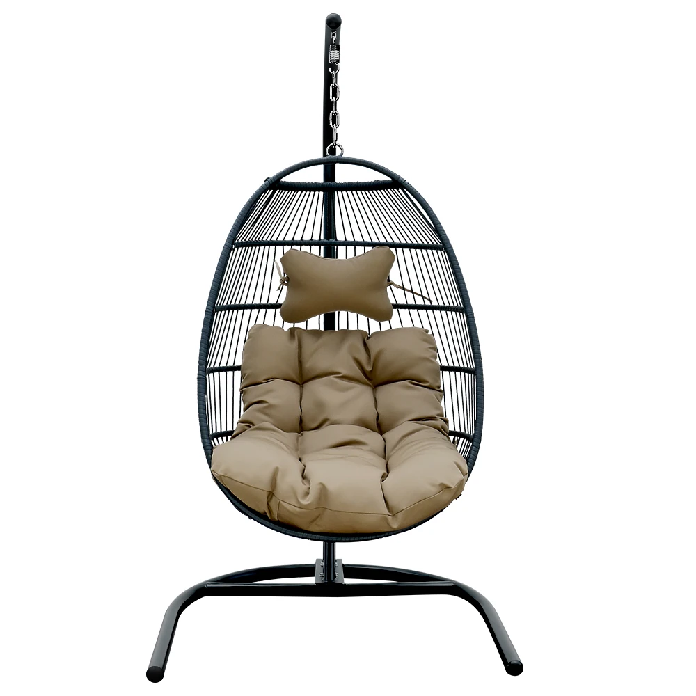 Hanging Egg Chair Swing with Stand Rattan Effect Four Corners Single Foldable Khaki for Patio Deck Garden Yard Backyard Porch