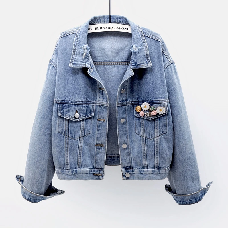 

Handwork Appliques Denim Jacket Coat Women Loose Outerwear Chaqueta Mujer 2023 Autumn Korean Vintage Short Jeans Jackets Female