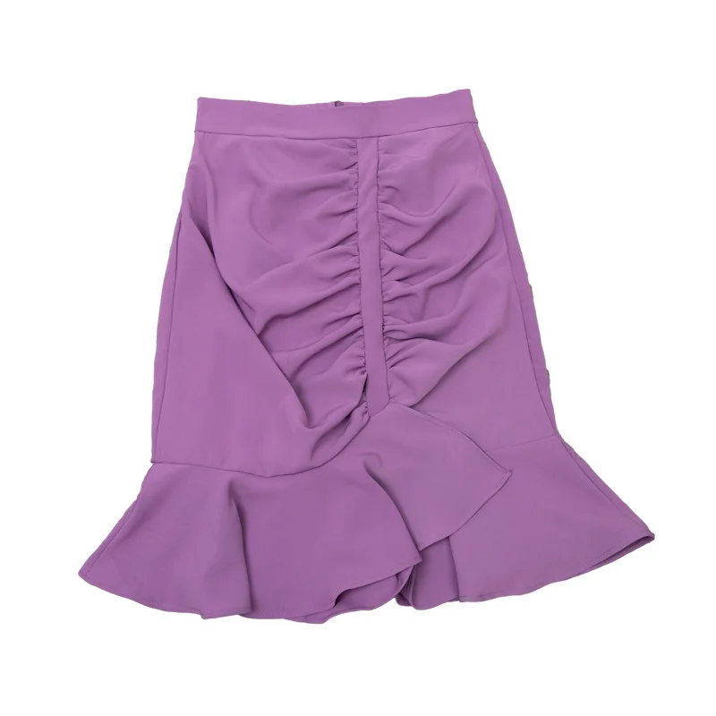 Summer new fashion purple wrap hip fish tail ruffled flounce a word pure color sweet bust high waist pleated skirts for womens