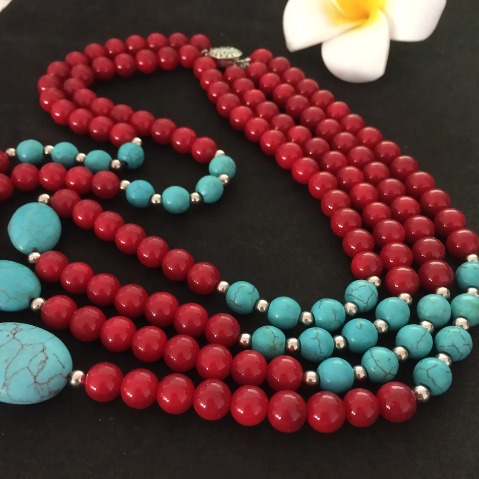 New arrival red artificial coral charms calaite stone turquoises 8mm beads diy semi-precious necklace making 18 inch BV113