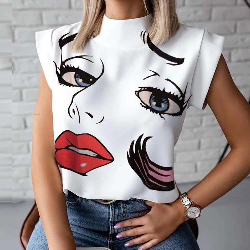 Blouse Shirts Tops Pullovers Eye Short Sleeve Lips-Print Blusa Women Elegant Summer Causal Stand Neck Ladies Fashion Chemise