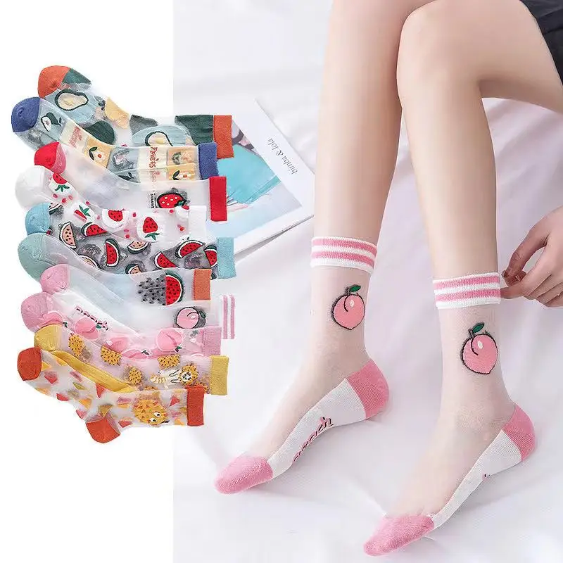 1Pair Japanese Korea Style Women Middle Summer Creative Fruits Transparent Silk Trend Print Ultrathin Glass Silk JacquardSocks