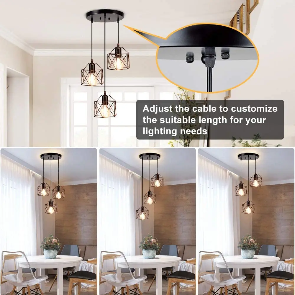 Nordic Pendant Light 3-Light Industrial Pendant Lighting Retro Adjustable Metal Hanging Cage Kitchen Ceiling Living Room Fixture