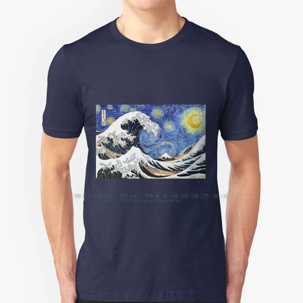 Iconic Starry Night Wave Of Kanagawa T Shirt 100% Pure Cotton Post Post Fine Art Blue Dutch Painter Colorful Iconic Stars