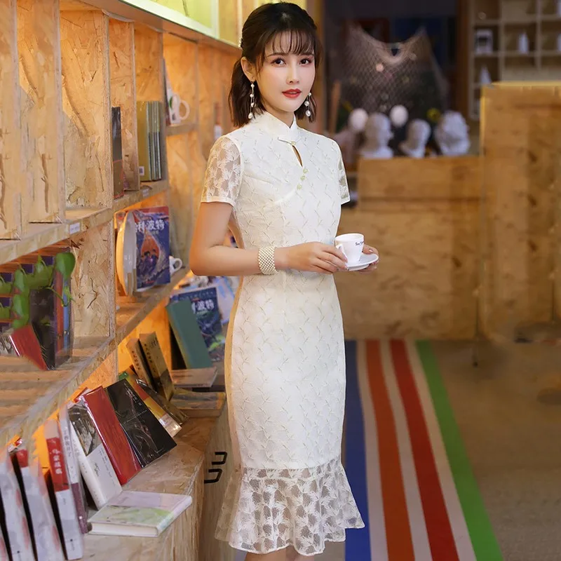 

Summer Women Exquisite Lace Chinese Qipao Dress White Sexy Hollow Out Improved Cheongsam Elegant Oriental Mermaid Dresses