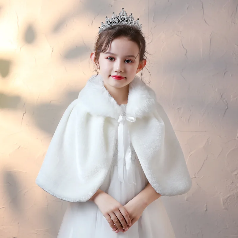 Kids Princess Cape Bolero Elegant Warm Faux Fur Shawl Wedding Flower Girl Wrap Plush Short Coat Fairy Marriage Accessories