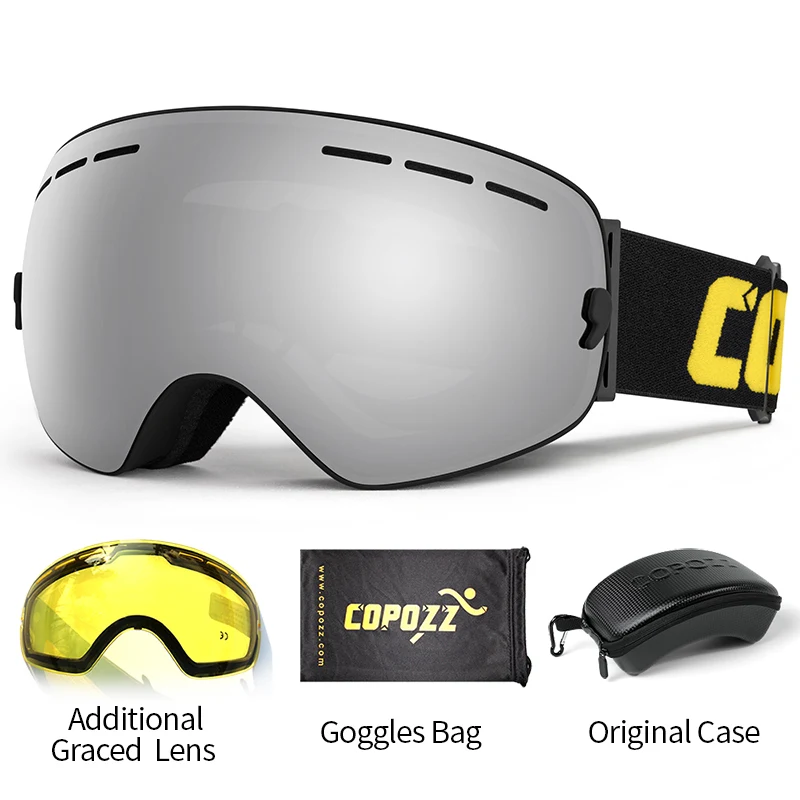 COPOZZ Skibrille für Erwachsene, 2-lagige Linse, beschlagfrei, UV400, Tag und Nacht, sphärische Snowboard-Brille, für Männer und Frauen, Skibrille-Set