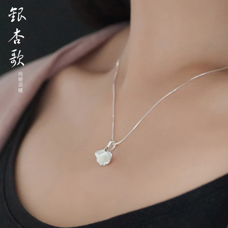 100% 925 Sterling Silver Necklace for Women Long Chain Ginkgo Pendant Necklace Party Ornament Jewelry Gift Womens Accessoires