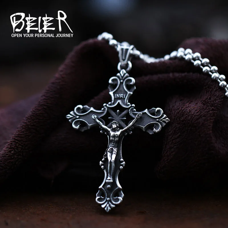 BEIER Catholic Religious Good details Jesus Piece Cross Pendant Necklace For Men Gift Vintage Chain Christian Jewelry BP8-554