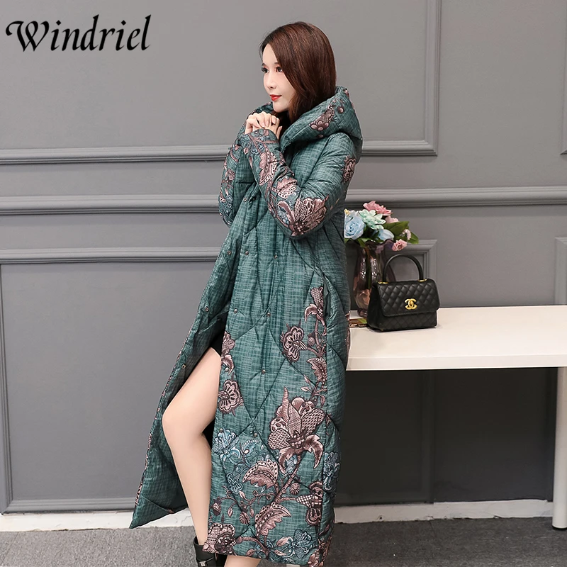 Windriel Oversized Loose Parkas Lady Print High Street Long Coats Women Cotton Padded Clothing Outerwear Hooded Jackets