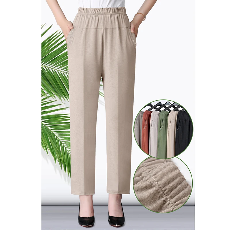 Middle-aged Women Spring Summer Pant Thin Elastic Waist Straight Pants Mother Clothing Casual Nine Points Pants Female XL-5XL