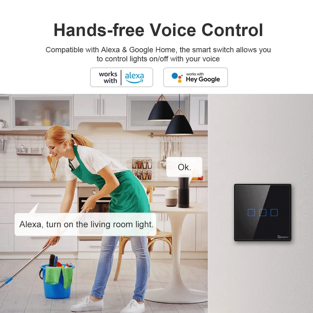 جهاز SONOFF T3EU يعمل باللمس الحائطي الذكي بالواي فاي باللون الأسود مع جهاز تحكم عن بعد بتردد 433 ميجا هيرتز يعمل عن طريق جهاز eWeLink يعمل مع أليكسا جوجل هوم