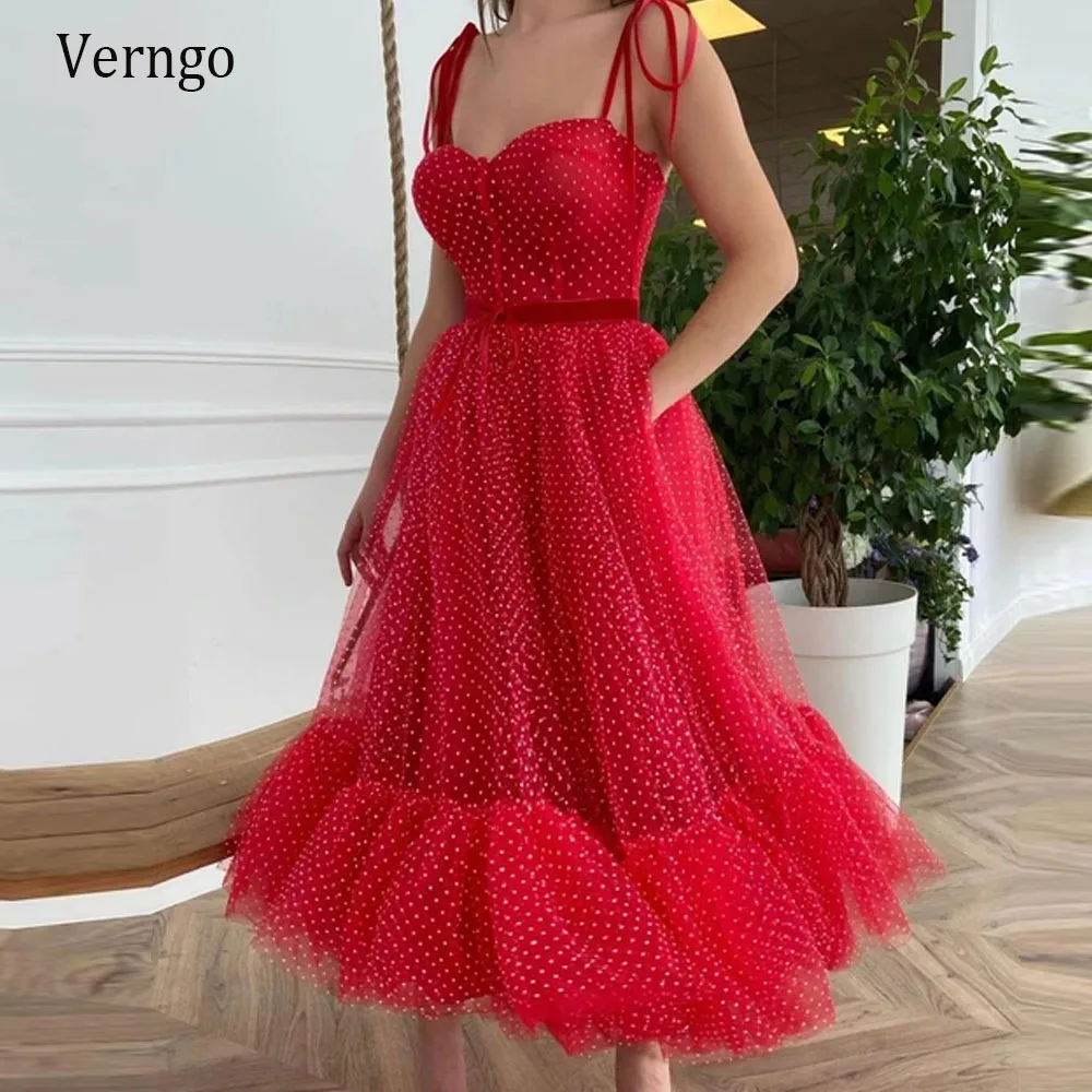 Verngo-Robe de Rhcourte en tulle rouge à pois, vintage, bretelles trapèze, ceinture en velours, zone de longueur de thé, robe de soirée avec poche, 2021