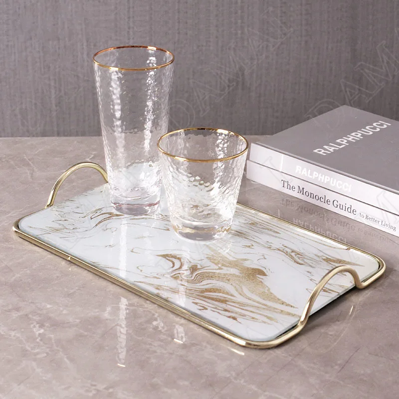 

European Metal Frame Mirror Storage Tray Marble Texture Living Room Desktop Tableware Organizer Home Afternoon Tea Dessert Trays