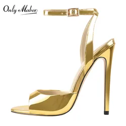 Onlymaker damskie złote Peep Toe 12CM buty na cienkich wysokich obcasach pompy sandały damskie pasek z klamrą z wystającym palcem duże rozmiary letnie szpilki sandały