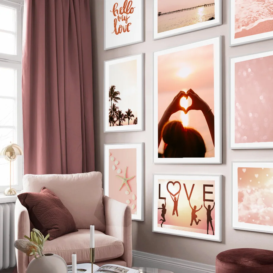 Pink Sea Beach Bridge Coconut Tree Love Wall Art Canvas Painting Nordic Posters And Prints Wall Pictures For Living Room Decor
