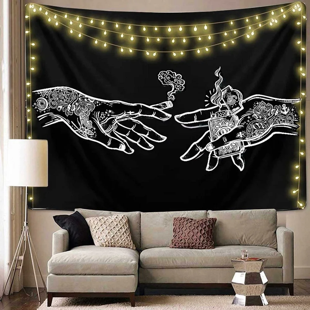 Black White Cigarette Hand Mandala Tapestry Wall Hanging Celestial Psychedelic Tapestries Hippie Wall Carpet For Dorm Decor