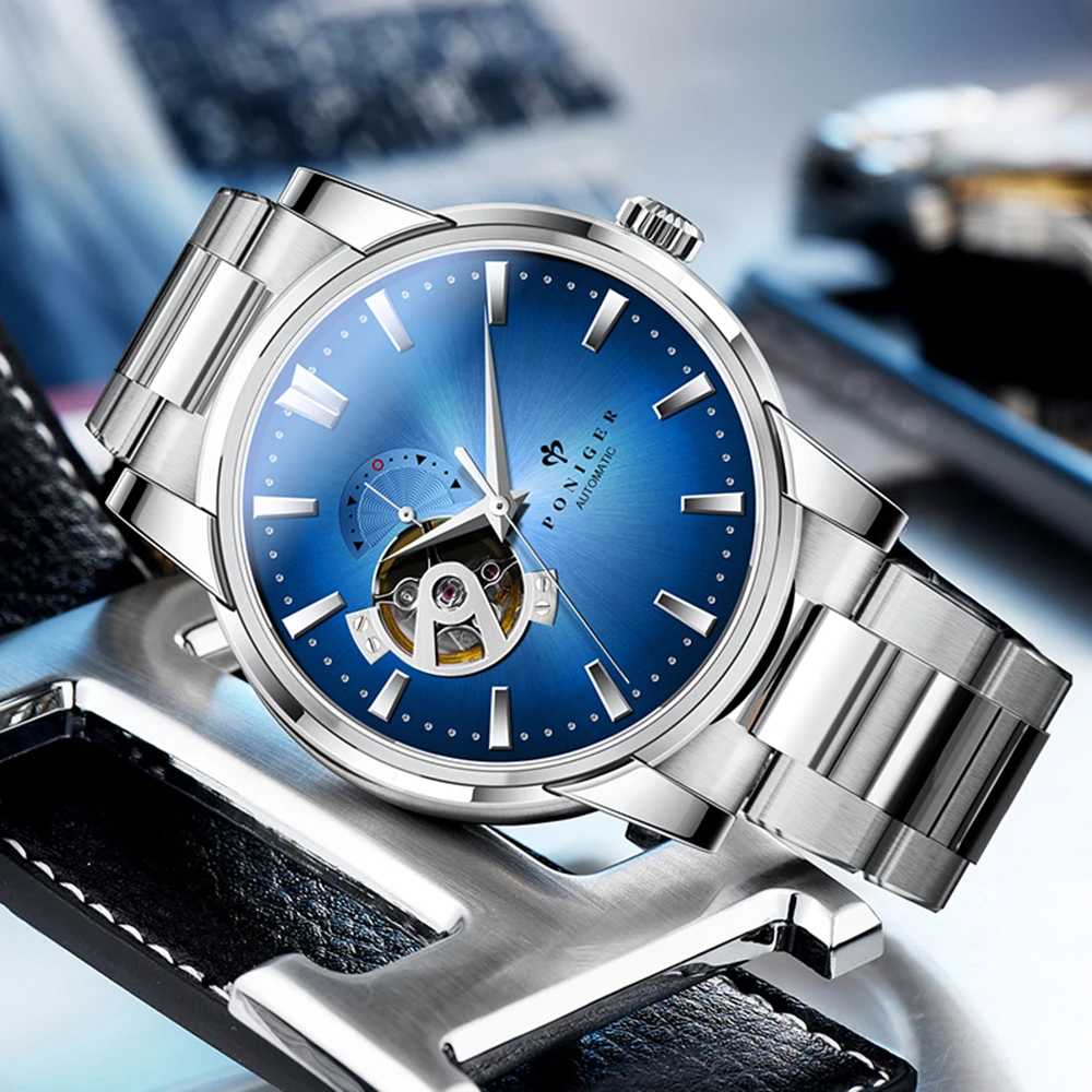 Мужские автоматические часы, мужские наручные часы PONIGER, мужские механические часы с автоматическим заводом, водонепроницаемые часы, люксовый бренд, полый циферблат, reloj