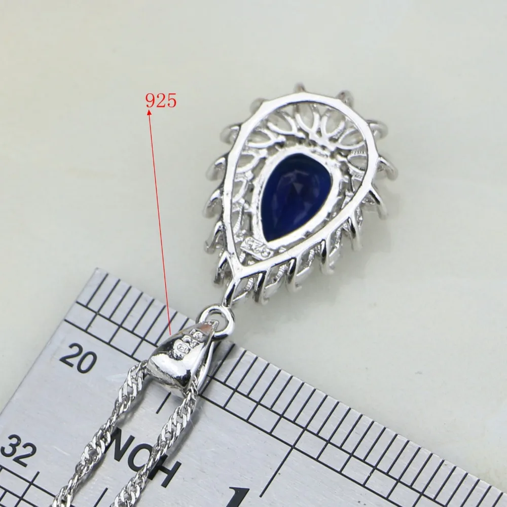 Water Drop Blue Zircon White Rhinestone 925 Sterling Silver Jewelry Sets For Women Earring/Pendant/Necklace/Ring Free Gift Box