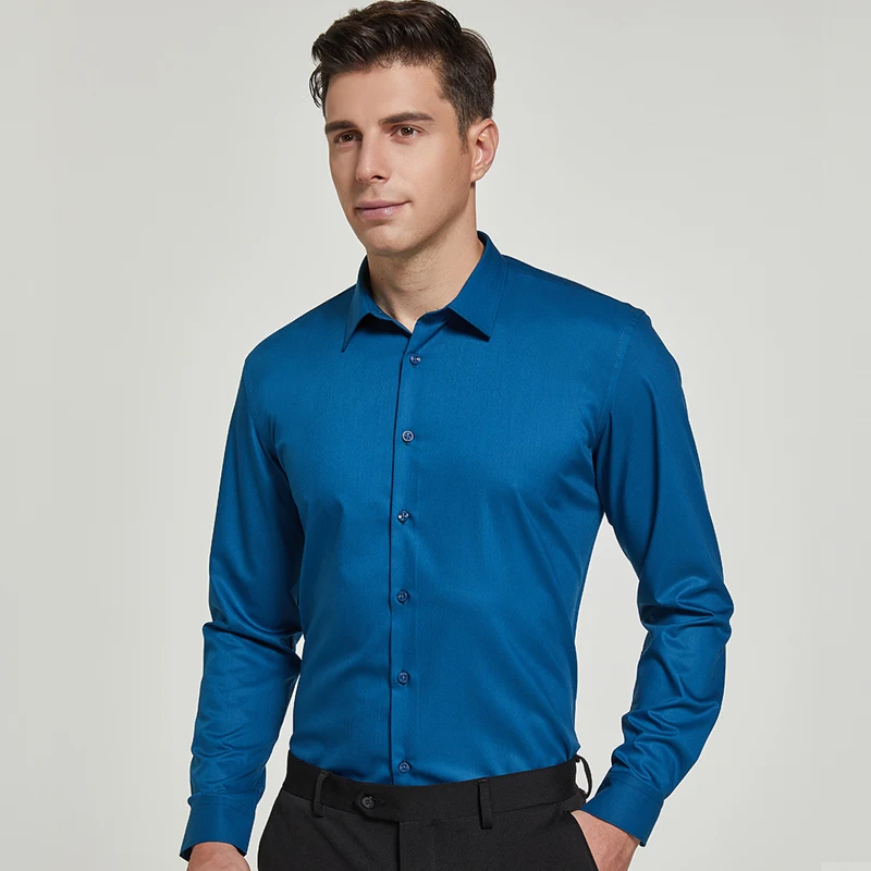 Camisas de vestir elásticas de fibra de bambú para hombre, camisas de manga larga sin bolsillo, de ajuste estándar, para negocios, trabajo y