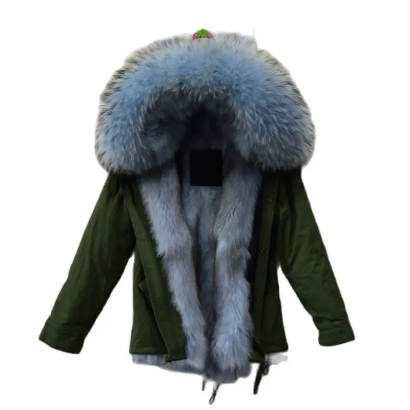 Sky Blue Fashion Women Winter Wear Real Fox Fur Mr&Mrs Wear Light Blue Real Thick Fox Fur Army Green Jacket