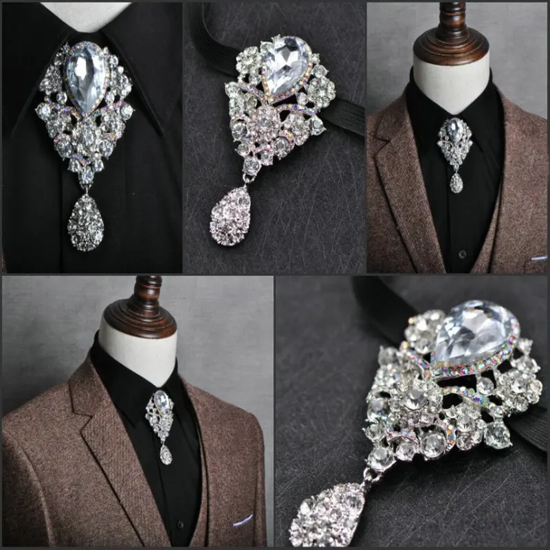 

British Men Bowtie Cowboy Necklace Bolo Tie Women Elastic Band Strap Alloy Chic Bow Tie Bling Crystal Rhinestone Uniform Necktie