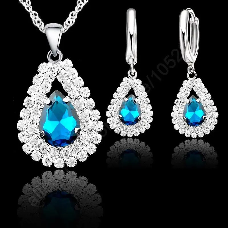 S925 Sterling Set Gioielli D\'argento Per La Cerimonia Nuziale di Fidanzamento Da Sposa Delle Donne di Goccia Dell\'acqua di Cristallo Pendenti Con