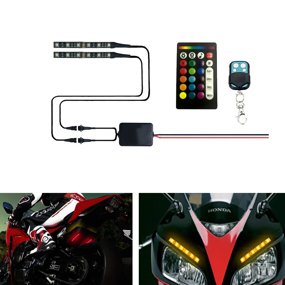 2PCS Motorcycle LED KIT Light Strips- RGB Multi-Color RF Wireless Remote Control Accent Glow Neon Ground Effect Lights lamp