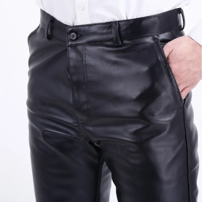 Men's PU Leather Straight Pants Winter Warm Elastic Lightweight Casual Trousers Male Regular Full Length Pants