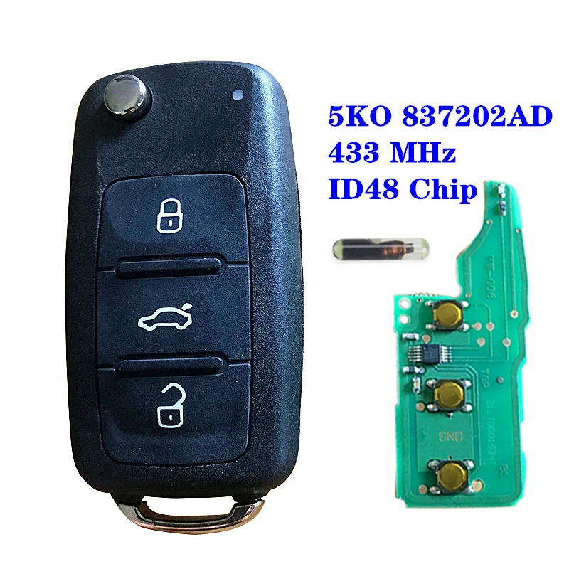 

Remote Key 433MHz ID48 Chip For VW/VOLKSWAGEN Caddy Eos Golf Jetta Beetle Polo Up Tiguan Touran 5K0837202AD 5K0 837 202 AD