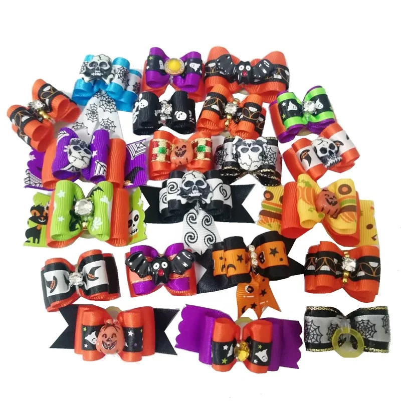 Halloween Hair Bows with Rubber Band, Pet Festival Gifts, Small Dog Accessories, Wholesale