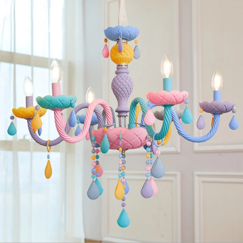 

Colorful Crystal Chandelier Macaron Color Droplight Children Bedroom Lamp Creative Fantasy Luminaire Stained Glass Lustre