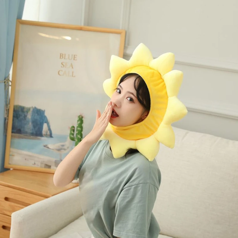 Kawaii Cartoon Yellow Sunflower Plush Hat Funny Stuffed Toys Headgear Warm Beanie Earflap Cap Cosplay Party Props