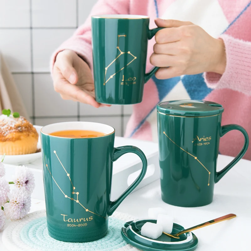 Original Constellation Ceramic Mug Dark Green Bone China Lemon Cup Household Coffee Cup Gift Box Lovers Cup Office Mug 420ml