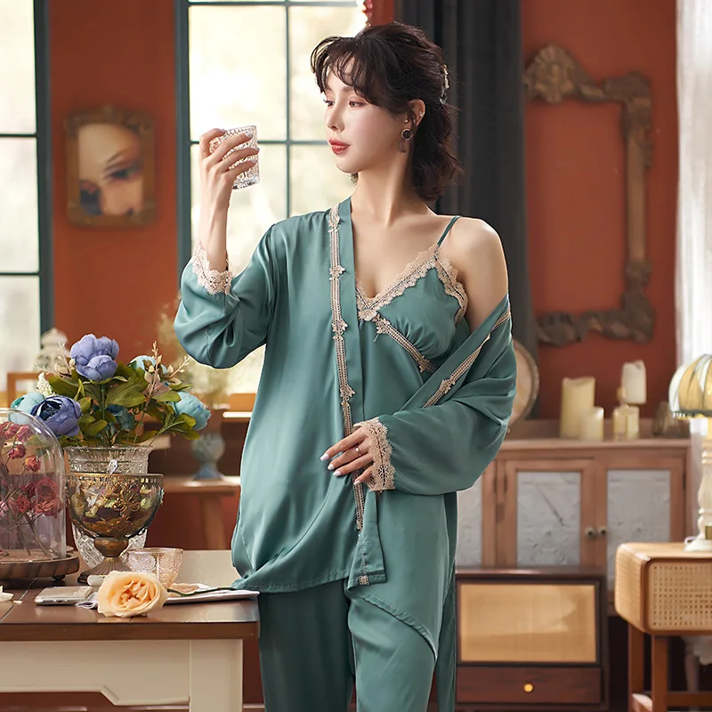 Phụ Nữ Pyjama Bộ Xanh Satin Phối Ren Đồ Ngủ Bộ 3 Váy Ngủ Pijama Pyjamas Tay Dài Và Quần Homewear