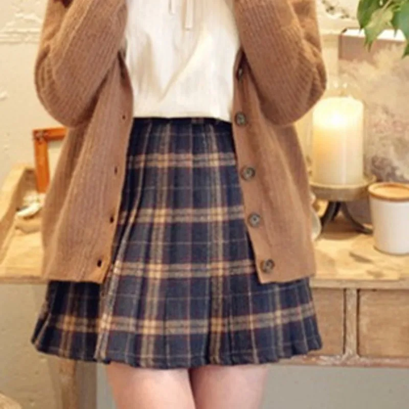 Autumn Ladies Above Knee Tweed Skirts Winter Women High Waist Mini Pleated Skirt Girls Preppy Style Short School Uniform DS344