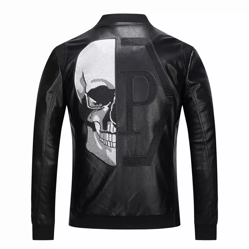 Chaquetas de PU con diamantes de imitación de calavera para hombre, abrigos de cuero de imitación para motocicleta, cuello alto, cremallera, manga