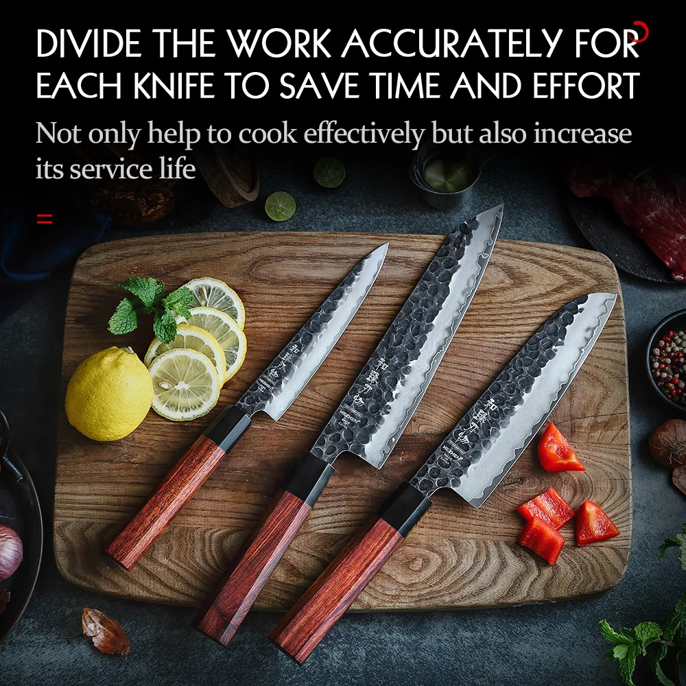 HEZHEN 1-3PC Kitchen Knife Set Chef Utility Santoku Professional Clad Steel Japanese Cook For Meat Kitchen Knife Red Wood