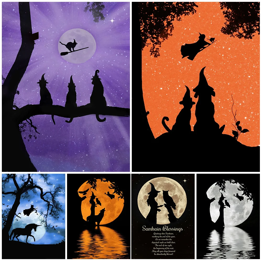 

Wizard Black Cat And Flying Witch Modern Halloween Art Poster And Prints Witchcraft Art Canvas Printing For Living Room Decor