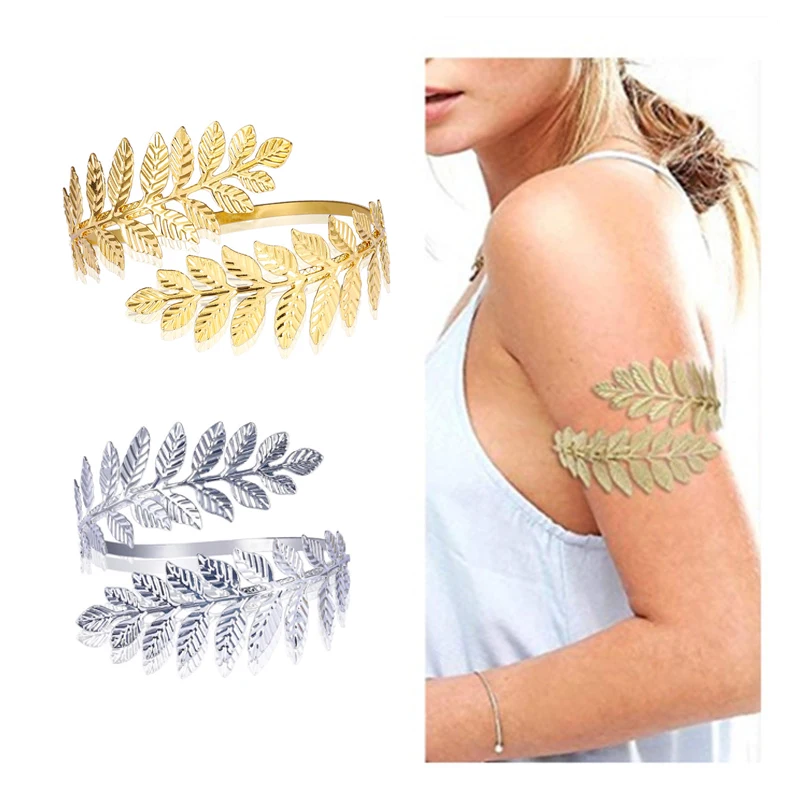 Dayoff Boho Vintage Gold Silver Color Feather Arm Bracelet Open Armband Cuff Bangle Flower Carving  India Women Jewelry B35