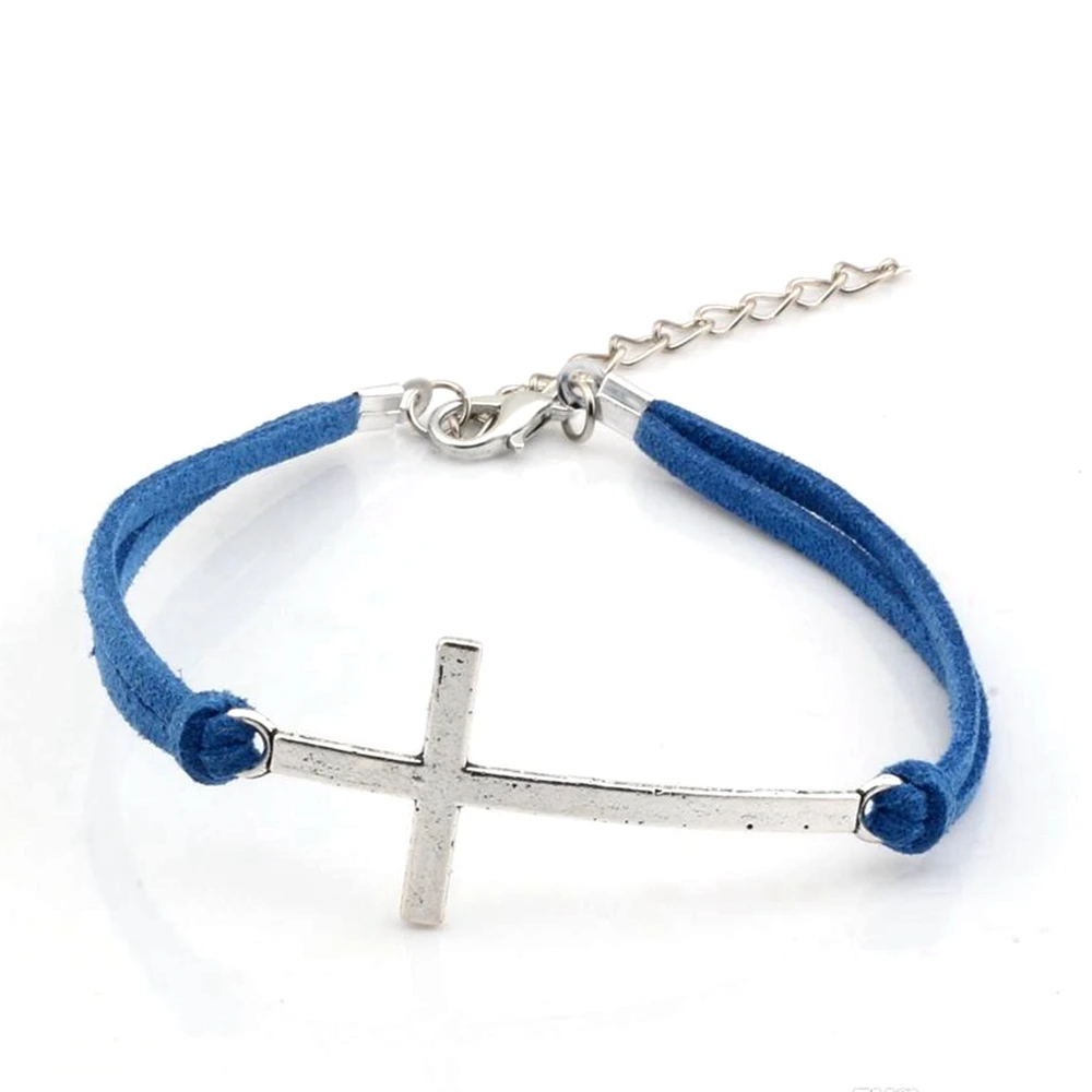 Hot ! 20pcs New Men And Women Fashions Navy Blue Velvet With  Alloy Cross Charm Adjustable String Bracelet 17cm