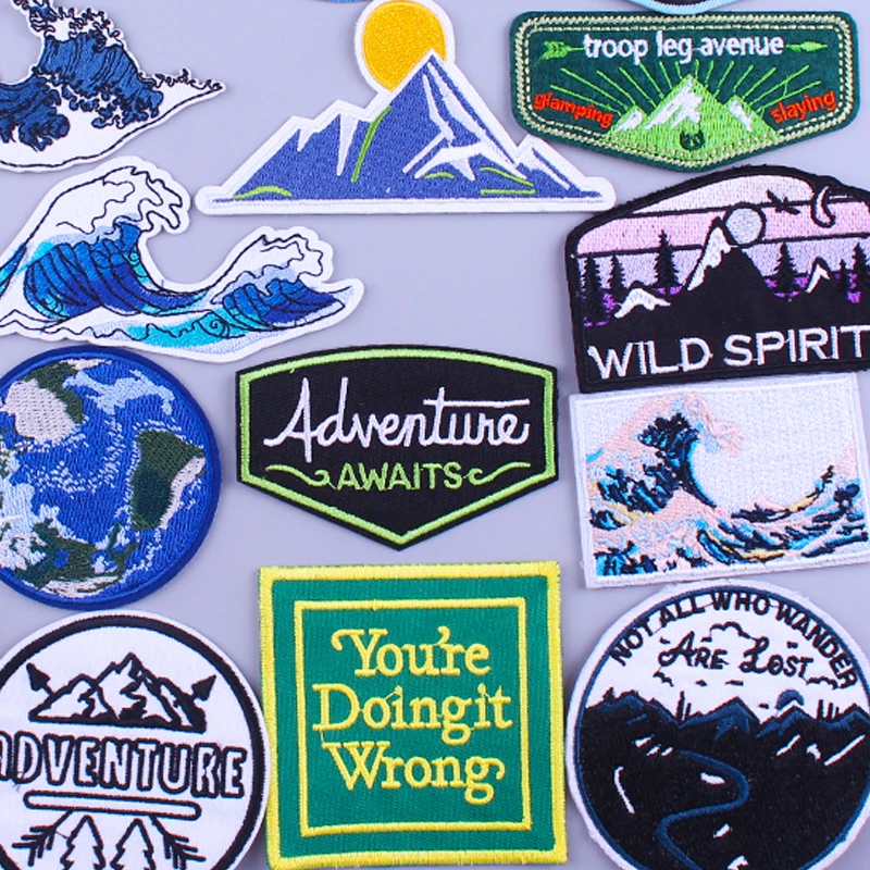 Wave Patches Outdoor Embroidery Patches For Clothing Mountain Adventure Iron On Patches For Clothes DIY Hook And Loop Stickers