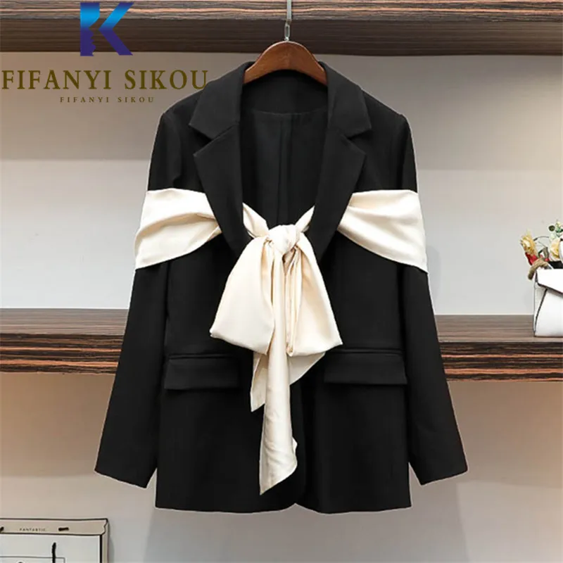 

2021 Autumn Women Blazer Jacket Designer Fashion Ribbon Spliced Black Suit Jacket High Quality Loose Casual Blazers Coat Female